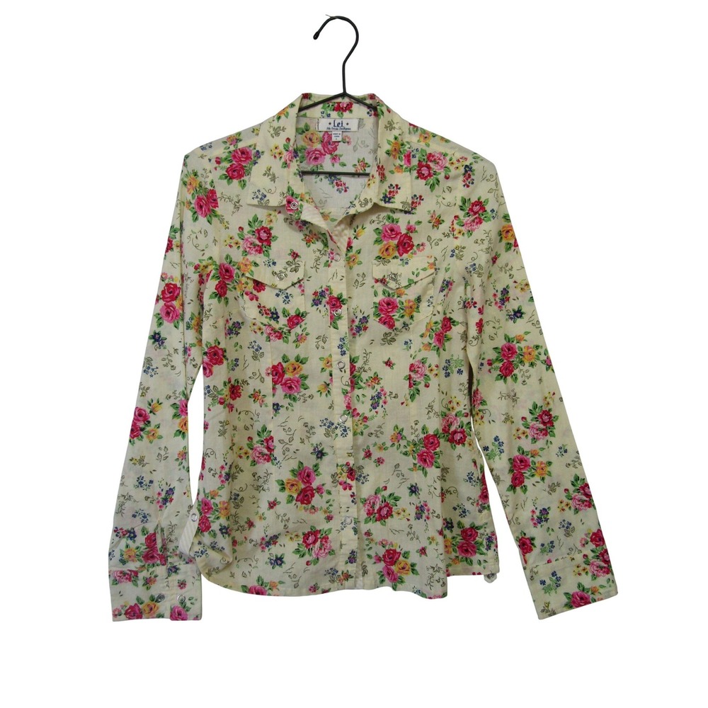 L.E.I. Floral Snap Front Western Shirt Juniors Large Cream Pink Cotton Excellent